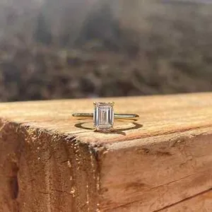 Authentic Minimalist Ring 0.75ct Emerald Moissanite 14K Yellow Gold Plated Solitaire Ring