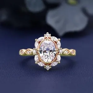 Authentic Halo vintage 14K rose gold plated unique oval moissanite art deco wedding ring