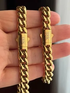 Authentic 10MM 18K Gold Plated Stainless Steel Cuban Link Heavy Chain Bracelet, Necklace
