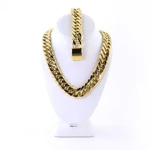 Authentic Men's Miami Cuban Chain Heavy Large Thick 14K Gold Plated 21mm Bracelet Set