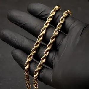 Authentic Solid Yellow Gold Plated Heavy 316 Stainless Steel 6MM Twist Rope Chain Necklace