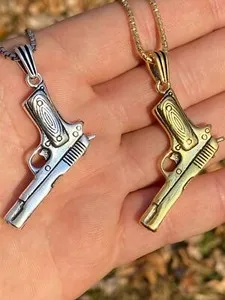 Authentic Solid 925 Silver Mens 9mm Glock Gun Pistol Pendant Heavy Gold Plated Necklace