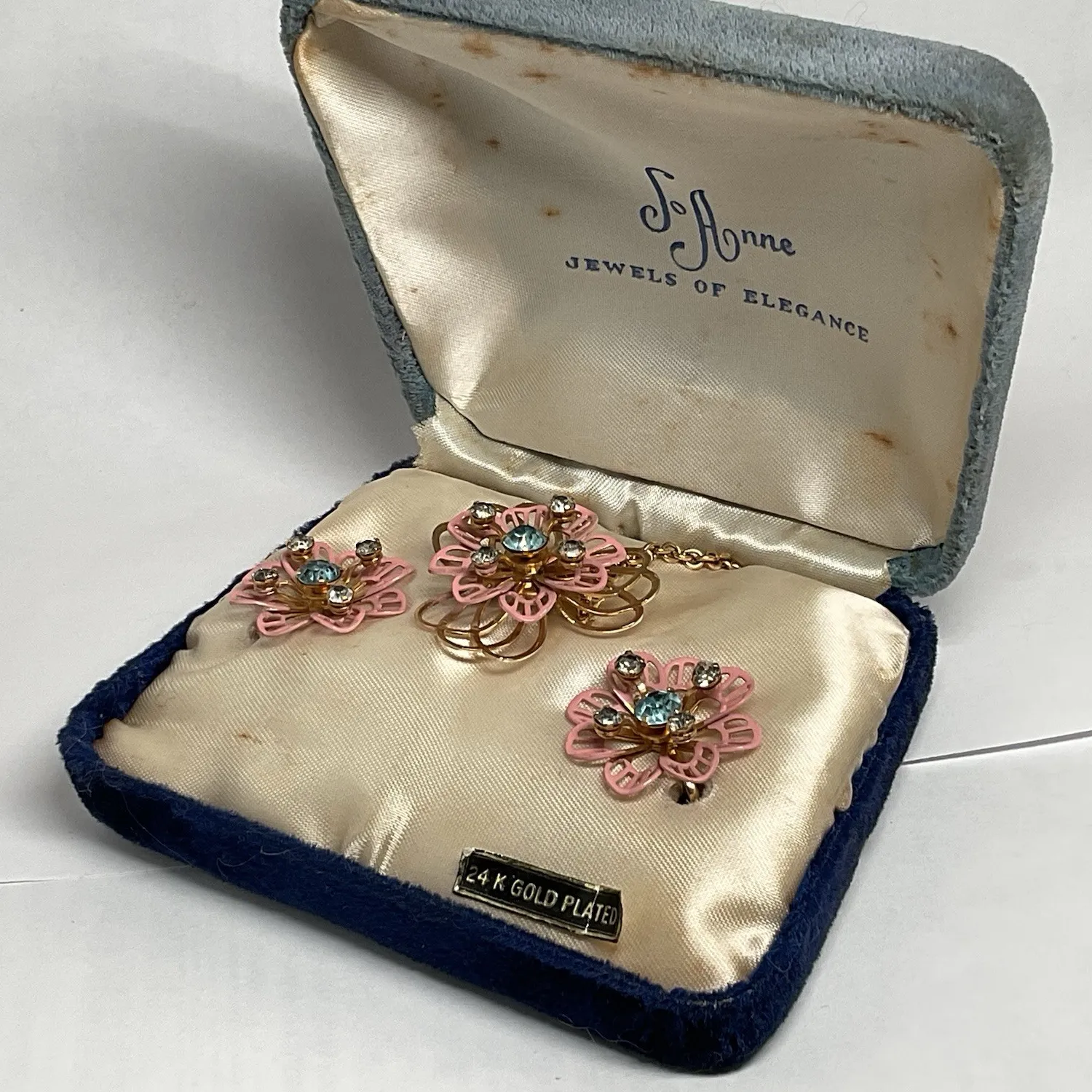 Authentic Jo Anne Jewels Elegance Original Box 24k Gold Plated Earrings Necklace PRISTINE!