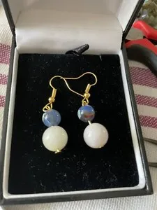 Authentic Original Gold Plated Hook Thru Earings With Blue/Green Fire Agate And Pink Beryl
