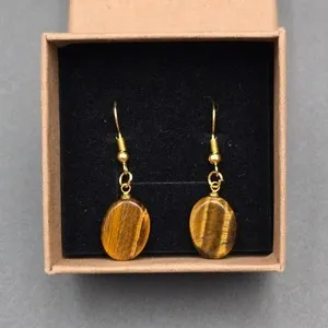 Authentic Vintage Gold Plated Tigers Eye Dangle Earrings Oval Cabochon NOS Original Box