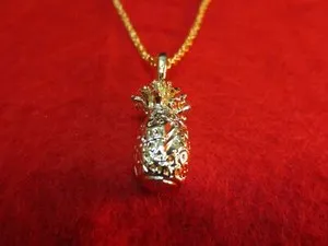 Authentic 14 KT GOLD PLATED  LG PINEAPPLE ABOUT 1 1/8" HIGH CHARM W/ 18" ROPE CHAIN -2369