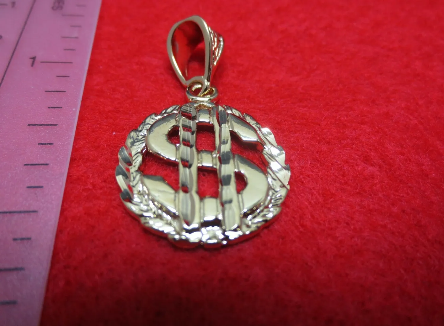 Authentic 14 KT GOLD PLATED  ABOUT 1 1/4" DOLLAR SIGN $ IN WREATH CHARM PENDANT -2673