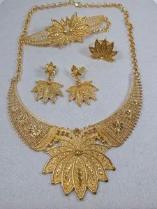 Authentic Luxurious Gold Plated Indian Bridal 4-Piece Jewelry Set, 22k Style Floral