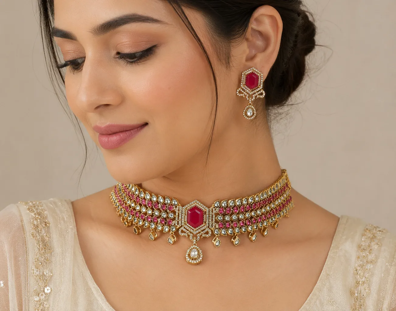 Authentic Pink Stone Necklace Gold Plated Ethnic Wedding Party Wear Jewelry Women 144