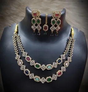 Authentic American Diamond CZ Necklace Set Gold Plated Indian Wedding Bridal Jewelry set