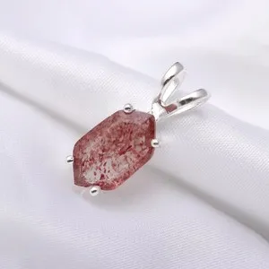 Authentic Natural Red Strawberry Quartz Hexagon Pendant 925Sterling Silver Dainty Jewelry