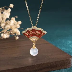 Authentic Moonlit Jade Fan of Serenity - Gold Plated Cloisonne Charm Pendant