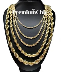 Authentic Rope Chain Necklace 3mm to 10mm 16" to 30" 14K Gold Plated Mens Hip Hop Jewelry