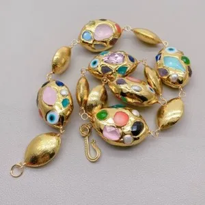 Authentic Multi Color Crystal Coral Pearl Gold Plated Oval Necklace Jewelry