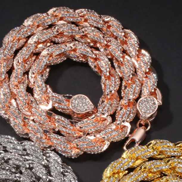 Authentic 9mm White Gold Plated Iced Out CZ Rope Chain Necklace for Men Hip Hop Jewelry
