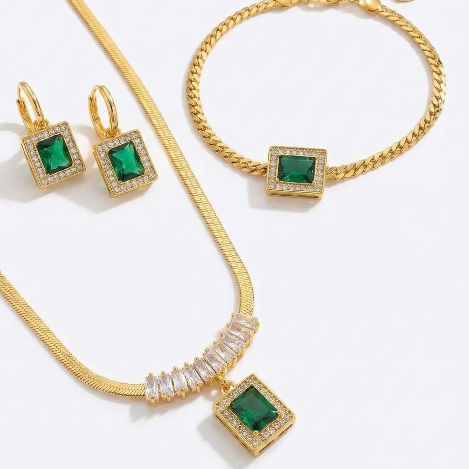 Authentic [US STOCK]18K Gold Plated Emerald Green CZ Jewelry Set Necklace Bracelet Earring