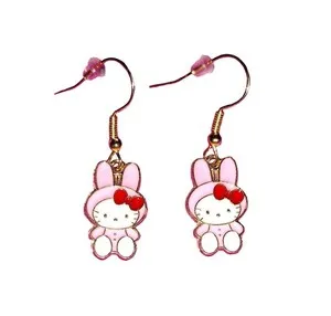 Authentic Easter Hello Kitty Pink Bunny Costume Red Ribbon Gold Plated Dangle Drop Earring
