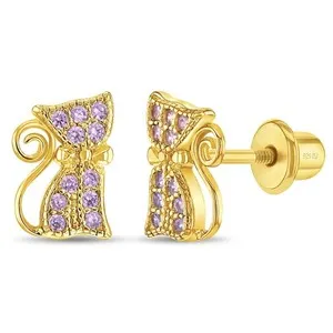 Authentic Sassy Kitty Cat Kids / Girls Earrings Screw Back - Gold Plated Sterling Silver