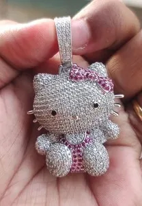 Authentic 2.50Ct Round Real Moissanite Hello Kitty Cartoon Pendant 14K White Gold Plated