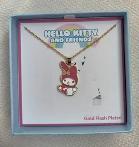 Authentic My Melody Crystal Heart 14K Gold Plated Necklace Hello Kitty 16” NIB