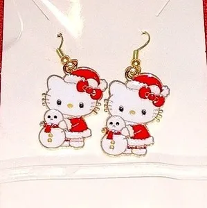 Authentic Hello Kitty Christmas Holiday Holding Snowman Gold Plated Dangle Drop Earrings