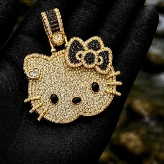 Authentic Moissanite 14K Yellow Gold Plated Silver 2.20Ct Round Cut Hello Kitty Pendant