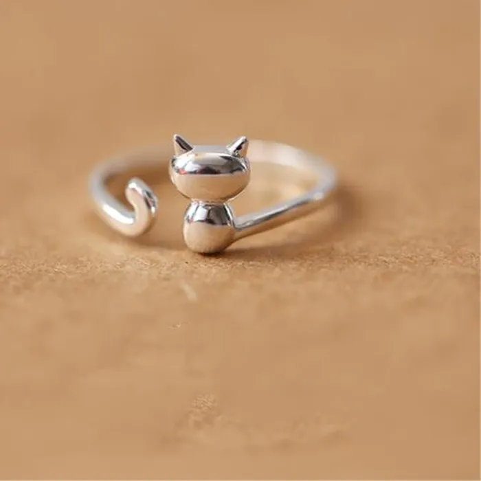 Authentic 925 Sterling Silver Jewelry Hot Popular Korean Small Fresh Cute Cat Animal Opening Simple Rings R004