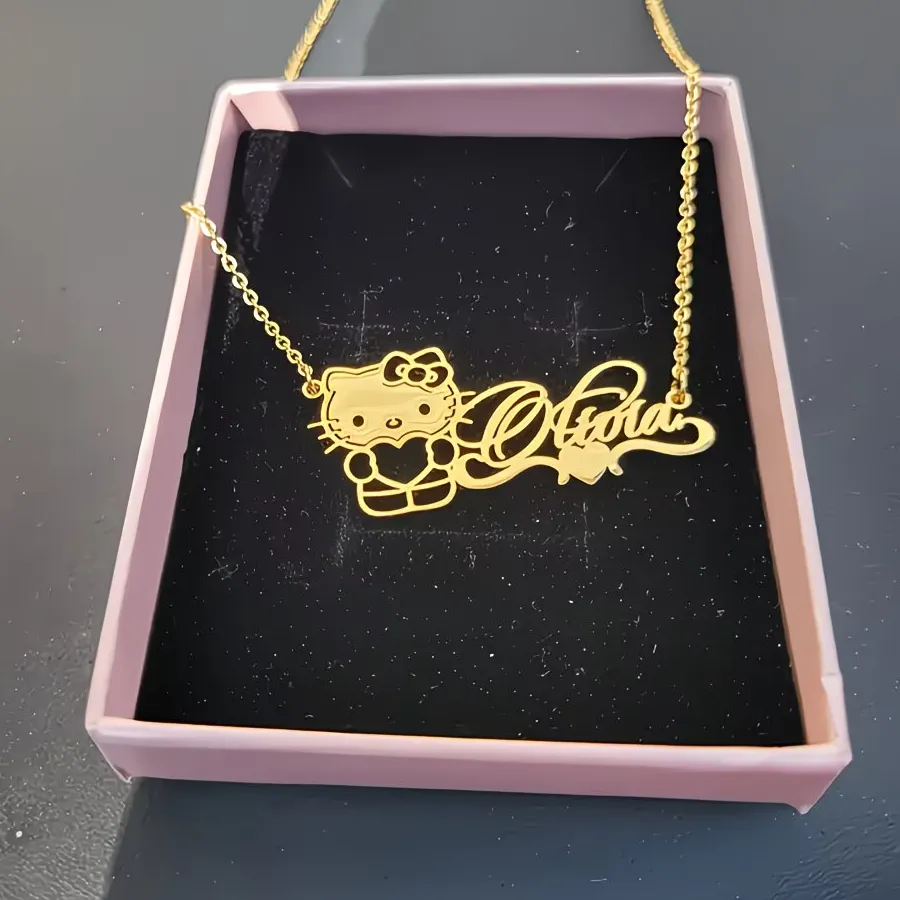 Authentic Custom Hello Kitty Ribbon Heart Name Necklace For Women Girls Sanrio Personalized Jewelry Birthday