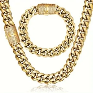 Authentic 2pcs Men’s 18K Gold Plated Cuban Link Necklace & Bracelet Set J Initial
