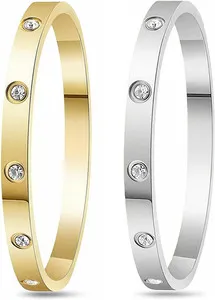 Authentic 2Pcs 18K Gold-Plated Love Bangle Bracelets Set for Women, Stainless Steel Cubic