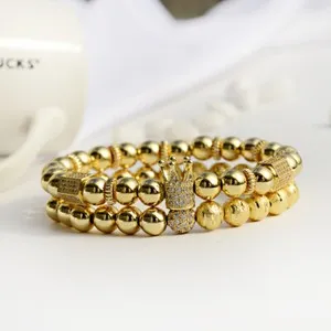 Authentic 2Pcs Luxury Men's Gold Plated Clear Zircon Crown & Balls King Bracelets Jewelry