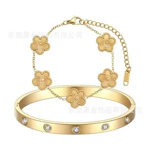 Authentic Gold Plated Stainless Steel 2 Pcs Gold Flower Bangle Bracelet Set Stack S3288