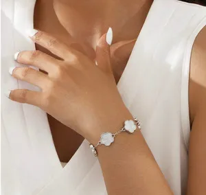 Authentic 2Pcs Five Lucky leaf clover bracelet white gold plated Adjustable Set for Women