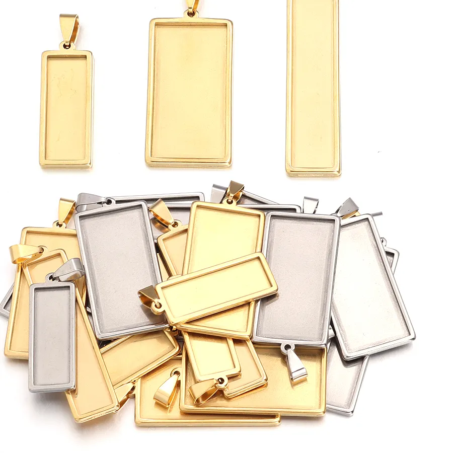 Authentic 2pcs Stainless Steel Rectangle Pendant Cabochon Base Cameo Blank Setting Tray For DIY Jewelry Making Necklace Pendants Findings