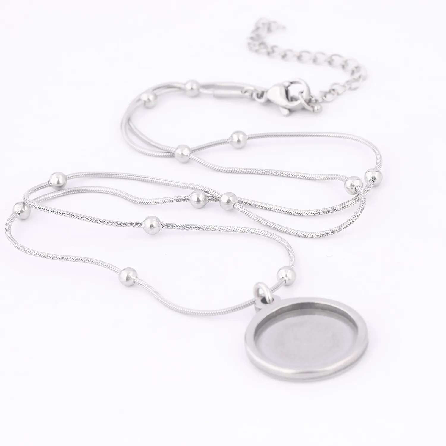 Authentic 2pcs Stainless Steel Ball Chain Necklace Bezel Blanks Fit 15mm Cabochon Pendant Base Setting Trays Diy Jewelry Findings