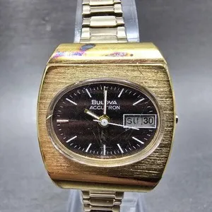 Authentic Bulova Accutron Watch Women 25mm Brown Dial Gold Plated Rectangle Daydate PARTS