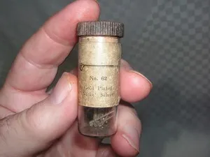 Authentic OLD VIAL OF 12 GOLD PLATED NICKEL SILVER WATCH PARTS, HANDS