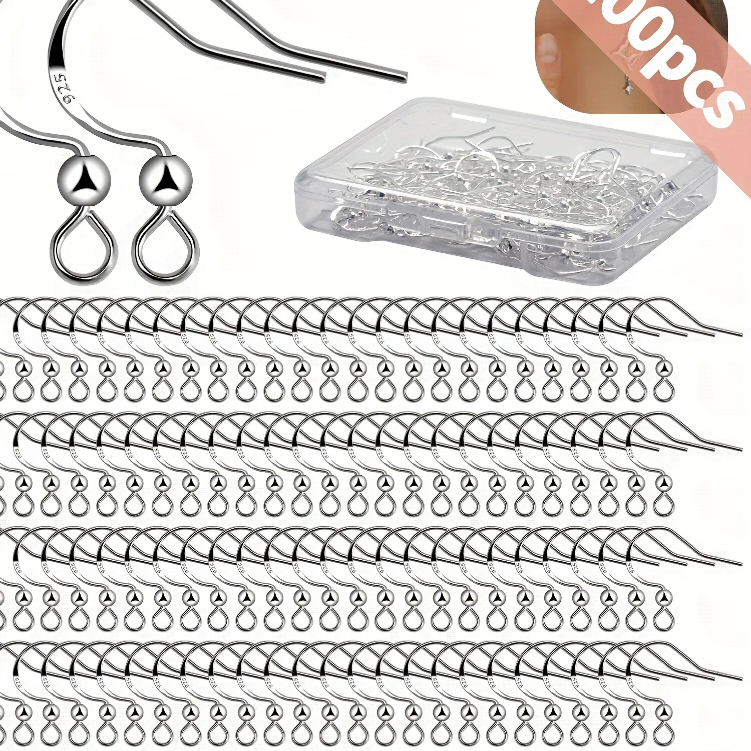 Authentic 925 Silver Earring Hooks 100 PCS/50 Pairs Hypoallergenic Ear Wires Fish Hooks for Jewelry Making, Jewelry Findings Parts with DI