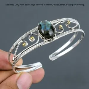 Authentic Third Eye Chakra Labradorite Stone 925 Silver 18K Gold Plated Bangle Bracelet