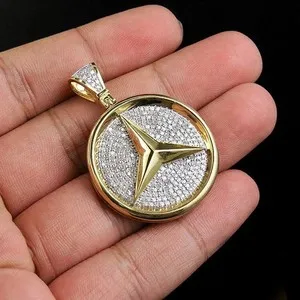 Authentic 3CT Lab Created Diamond Mercedes Medallion Pendant 14k Yellow Gold Plated