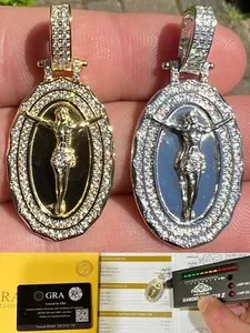 Authentic MOISSANITE Silver/Gold Plated Jesus Oval Medallion Pendant Pass Diamond Test