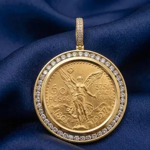 Authentic 50 Pesos Coin Pendant Lab Diamond Bezel 14K Gold Plated Centenario Medallion