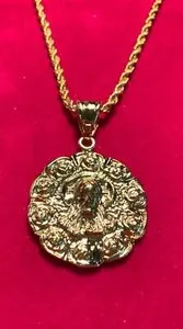 Authentic 14KT GOLD PLATED 2 SIDED JESUS/VIRGIN MARY MEDALLION W/18" 2.5MM ROPE CHAIN-3511