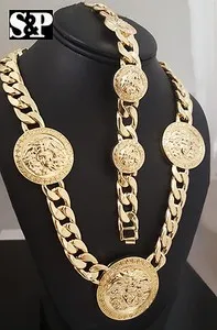 Authentic Gold plated Icy Medusa Head Medallion Cuban Link Chain Necklace & Bracelet