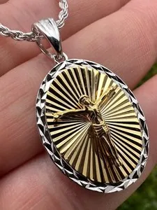 Authentic Real 925 Silver 14k Gold Plated Jesus Medallion Pendant Diamond Cut Necklace