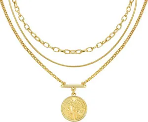 Authentic Gold Plated Necklaces for Women - Multilayer Coin Medallion Pendant Necklace Adj