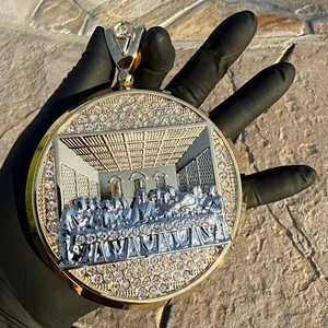 Authentic Huge Last Supper Pendant Round Simulated CZ 2-Tone Gold Plated /Silver Medallion