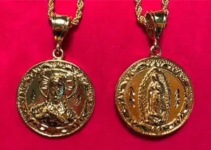 Authentic 14KT GOLD PLATED LARGE 2 SIDED  JESUS/VIRGIN MARY MEDALLION & 30" 4mm ROPE -4802