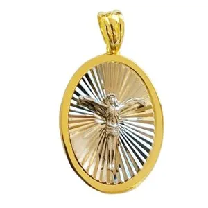 Authentic 14K Gold Plated 925 Silver Jesus Crucifix Oval Pendant 2 Tone Cut Medallion 1.5"