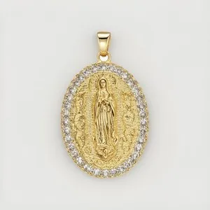 Authentic Iced Out Virgin Mary Pendant Gold Plated CZ Halo Religious Oval Charm Medallion